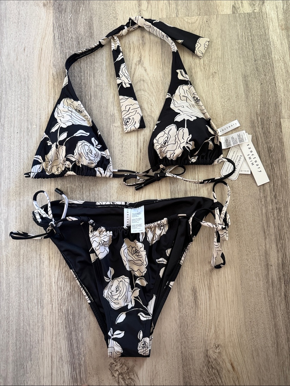 Sanctuary Black Bikini with Cream Floral Print